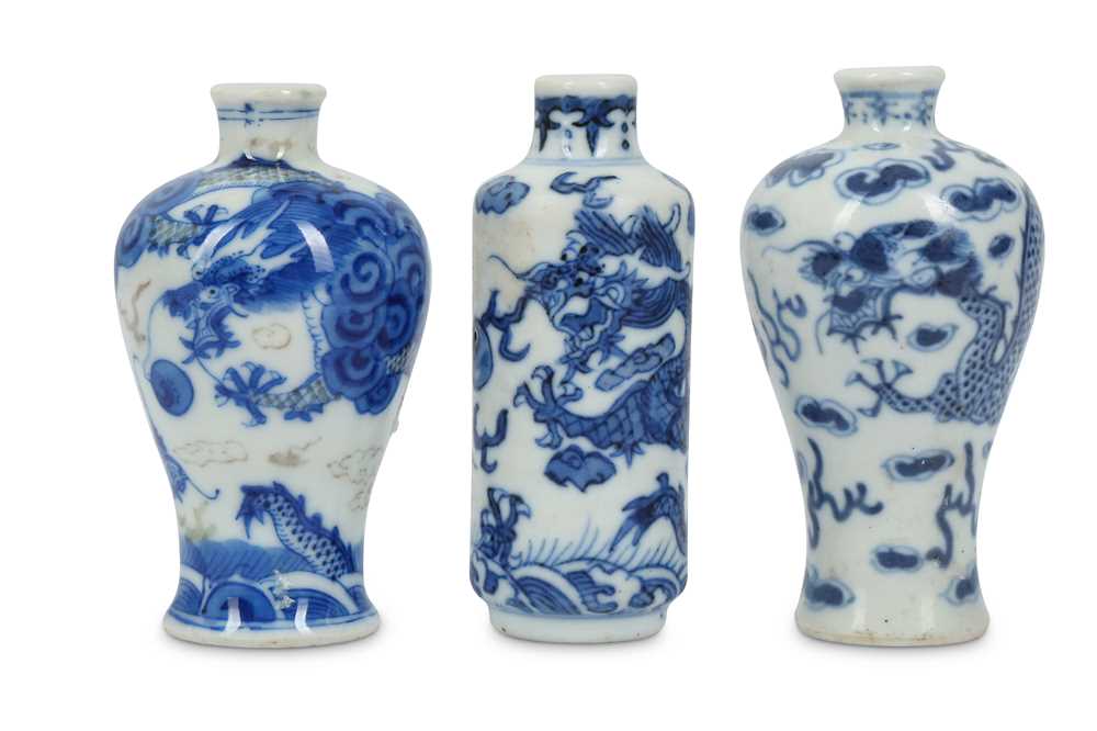 Lot 14 - THREE CHINESE BLUE AND WHITE MINIATURE 'DRAGON' VASES.