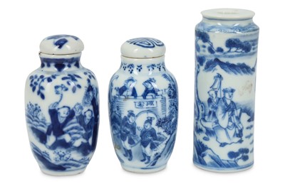 Lot 875 - THREE CHINESE BLUE AND WHITE SNUFF BOTTLES....