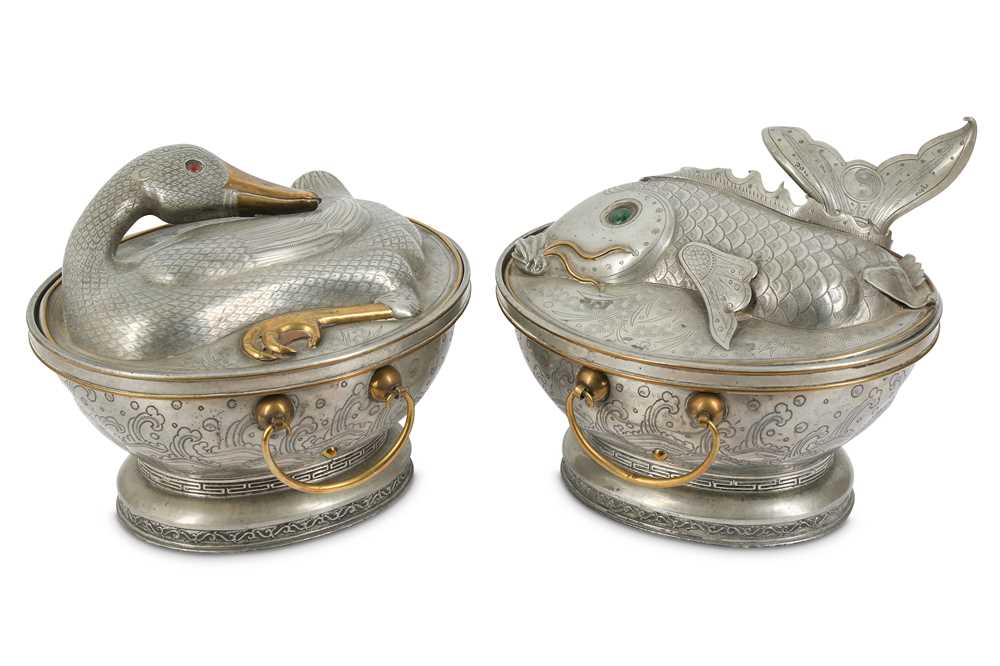 Lot 330 - TWO CHINESE COPPER AND BRASS-INLAID PEWTER...