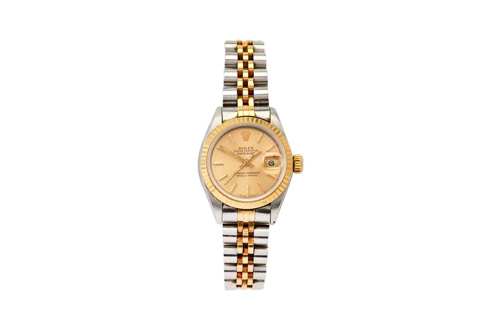Lot 333 - ROLEX. A LADIES STAINLESS STEEL AND 18K YELLOW...