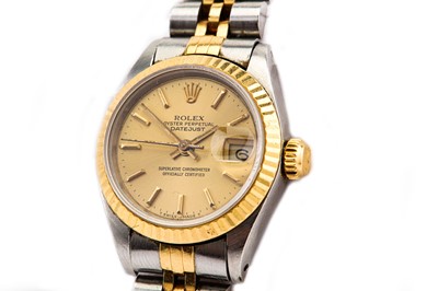 Lot 333 - ROLEX. A LADIES STAINLESS STEEL AND 18K YELLOW...