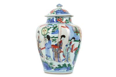 Lot 344 - A CHINESE WUCAI ‘LADIES’ BALUSTER VASE AND...
