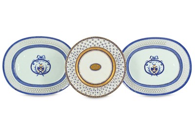 Lot 516 - THREE CHINESE BLUE AND WHITE ARMORIAL DISHES....