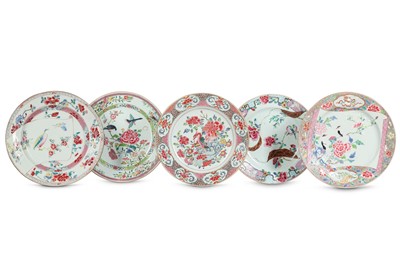 Lot 935 - FIVE CHINESE FAMILLE ROSE 'BIRDS AND FLOWERS'...