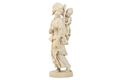 Lot 1072 - A FINE IVORY OKIMONO OF A MOTHER AND A CHILD....