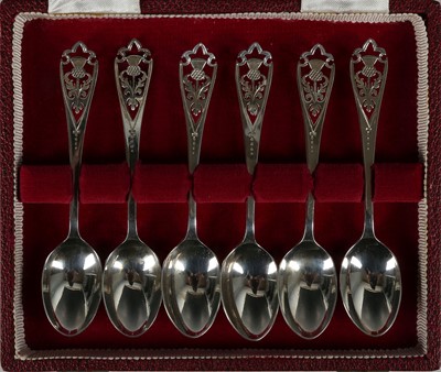 Lot 113 - A red leather cased set of six ornamental...