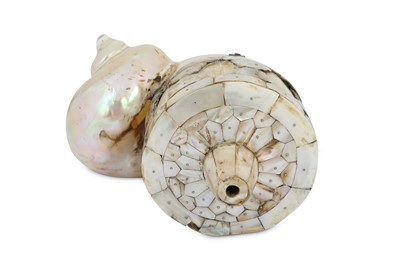 Lot 234 - λ A LARGE MOTHER-OF-PEARL POWDER FLASK