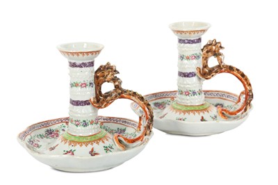 Lot 446 - PAIR OF CHINESE FAMILLE ROSE 'DRAGON' CHAMBER...