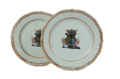 Lot 560 - A PAIR OF CHINESE FAMILLE ROSE ARMORIAL DISHES....