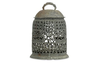 Lot 950 - A CHINESE BRONZE RETICULATED LANTERN WITH BASE....