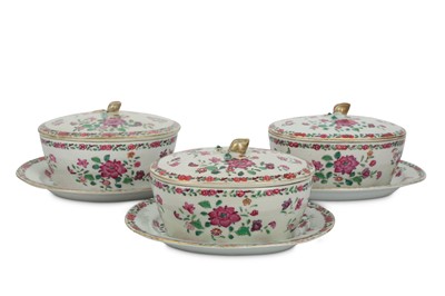 Lot 813 - THREE CHINESE FAMILLE ROSE BUTTER TUBS, COVERS...