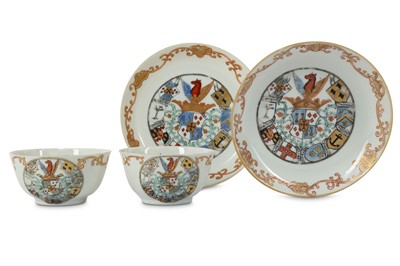 Lot 515 - A PAIR OF CHINESE FAMILLE ROSE ARMORIAL TEA...