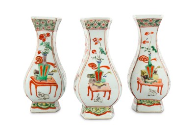 Lot 583 - THREE CHINESE FAMILLE VERTE WALL VASES.   Qing...