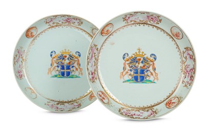 Lot 558 - A PAIR OF CHINESE FAMILLE ROSE ARMORIAL DISHES....