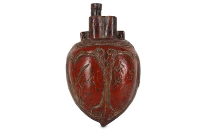 Lot 668 - A CHINESE LACQUER WOOD ‘HEART’ FLASK WITH...