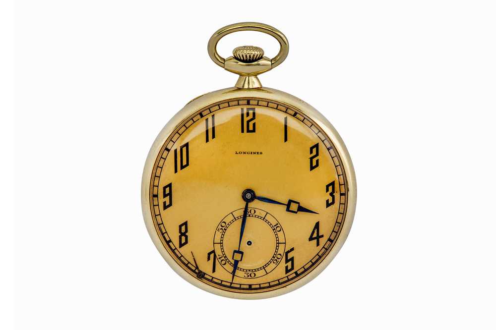 Lot 304 - LONGINES. A 14K YELLOW GOLD OPEN FACE POCKET...