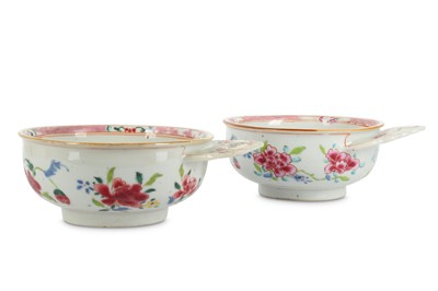 Lot 447 - A PAIR OF CHINESE FAMILLE ROSE PORRIGERS. Qing...