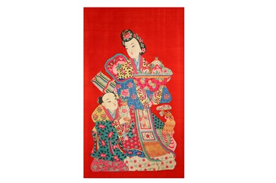 Lot 624 - A CHINESE RED GROUND 'LADY AND BOY' TEXTILE...