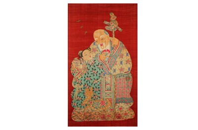 Lot 626 - A CHINESE RED-GROUND 'SHOULAO AND BOY' TEXTILE...