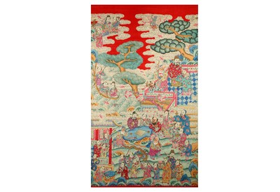 Lot 628 - A CHINESE RED-GROUND ‘IMMORTALS’ TEXTILE...