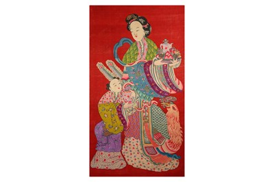 Lot 633 - A CHINESE RED-GROUND 'LADY AND BOY' TEXTILE...