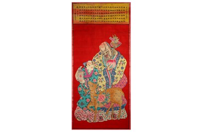Lot 635 - A CHINESE RED-GROUND 'SHOULAO' TEXTILE HANGING...