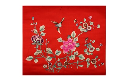 Lot 620 - A CHINESE RED GROUND 'FLOWERS' EMBROIDERED...