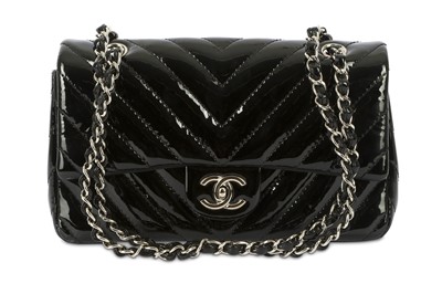 Lot 632 - Chanel Black Patent Chevron Flap Bag, c....