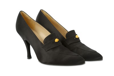 Lot 736 - Chanel Black Satin Court Shoes, gilt metal CC...