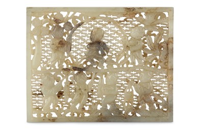 Lot 506 - A CHINESE GREY JADE RETICULATED  'BOYS' PLAQUE....