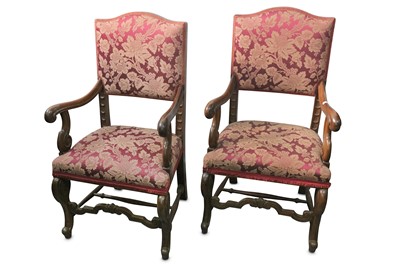 Lot 313 - A pair of French walnut open armchairs,...