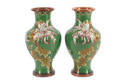 Lot 199 - A pair of Chinese green ground cloisonne...