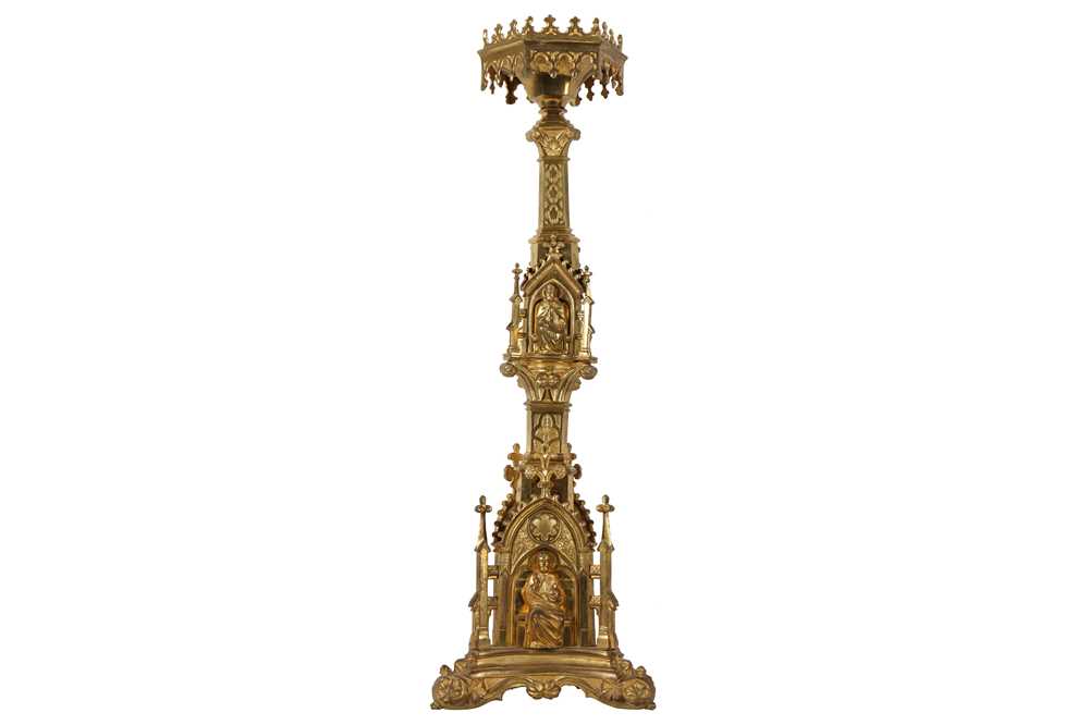 Lot 15 - A 19TH CENTURY FRENCH NEO-GOTHIC GILT BRONZE ECCLESIASTICAL CANDLE HOLDER