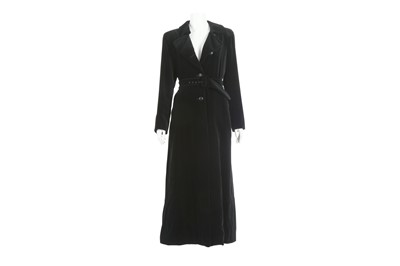 Lot 694 - Hermes Black Velvet Belted Coat, logo buttons,...