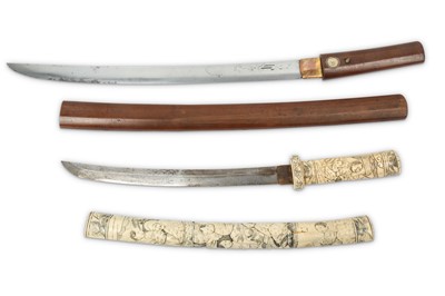 Lot 988 - TWO WAKIZASHI. A blade of hirazukuri with...