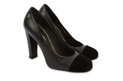 Lot 412 - Chanel Black Leather and Velvet Heels, block...