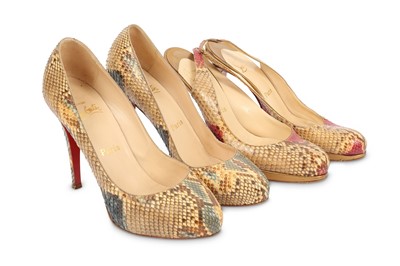 Lot 420 - Two Pairs of Christian Louboutin Python Heels,...