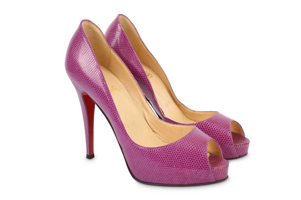 Lot 426 - Christian Louboutin Fuchsia Lizard Heels, peep...