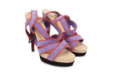 Lot 430 - Christian Louboutin Purple and Coral Suede...