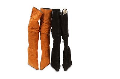 Lot 436 - Two Pairs Versace Suede Boots, knee-high, in...