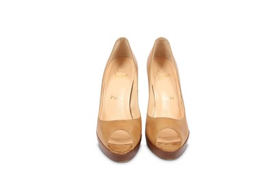 Lot 459 - Christian Louboutin Tan Peep Toe Heels, wooden...