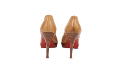 Lot 459 - Christian Louboutin Tan Peep Toe Heels, wooden...