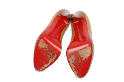Lot 459 - Christian Louboutin Tan Peep Toe Heels, wooden...