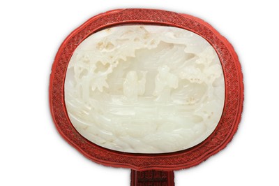 Lot 232 - A CHINESE JADE-INSET CINNABAR LACQUER...