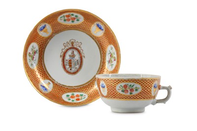 Lot 495 - A CHINESE FAMILLE ROSE ARMORIAL COFFEE CUP AND...