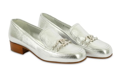 Lot 745 - Chanel Silver Leather Loafers, CC detail and...