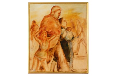 Lot 433 - JIM GILBERT (BRITISH 1933-1995) Family walking Oil on canvas signed