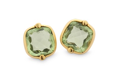 Lot 348 - A pair of green quartz earrings, each...