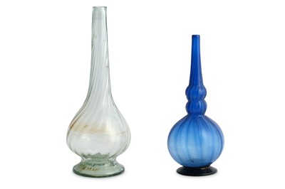 Lot 210 - A COLOURED AND A CLEAR BLOWN MUGHAL GLASS ROSEWATER SPRINKLERS