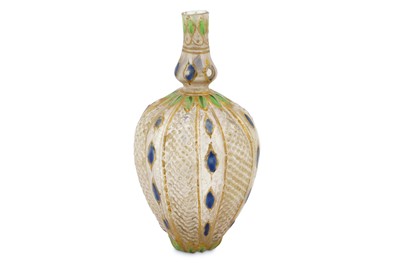 Lot 225 - A GILT AND ENAMELLED MOULD-BLOWN MUGHAL GLASS PERFUME BOTTLE